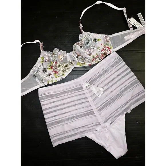 Victoria's Secret 34B,34DD BRA SET S,M high-waist Lilac Pink floral applique - Picture 1 of 5